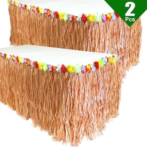 Pack of 2, 9 feet X 29" Luau Grass Table Skirt,Hawaiian Luau Libiscus TableSkirt - Picture 6 of 6